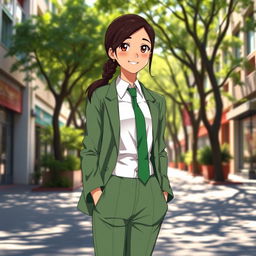 A full-length image of an Indian anime girl aged 17, featuring dark brown hair with black highlights tied in a low ponytail