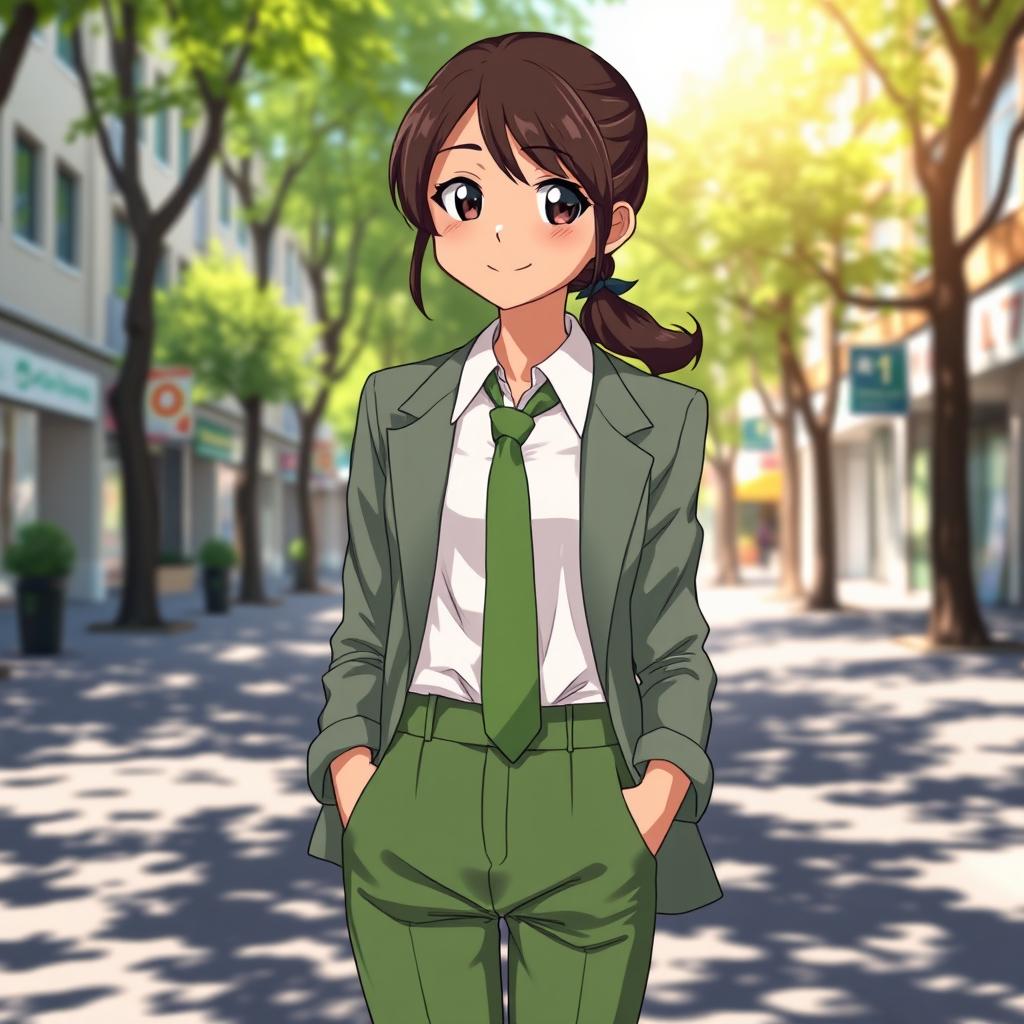 A full-length image of an Indian anime girl aged 17, featuring dark brown hair with black highlights tied in a low ponytail