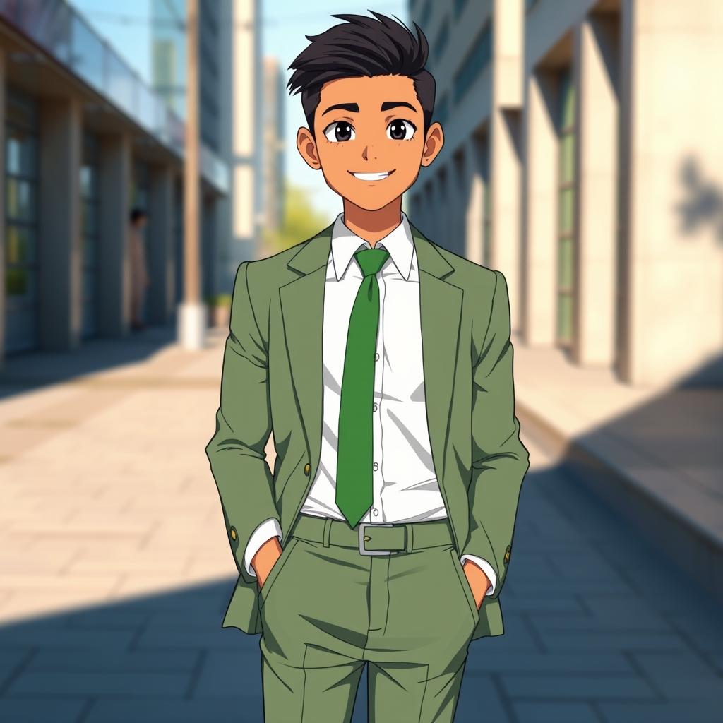 A full-length image of an Indian anime boy aged 17, featuring black eyes and jet black hair styled neatly