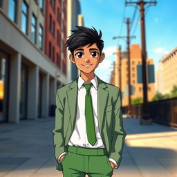 A full-length image of an Indian anime boy aged 17, featuring black eyes and jet black hair styled neatly