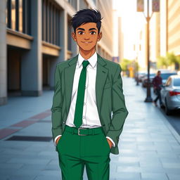 A full-length image of an Indian anime boy aged 17, featuring black eyes and jet black hair styled neatly