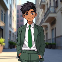 A full-length image of an Indian anime boy aged 17, featuring black eyes and jet black hair styled neatly