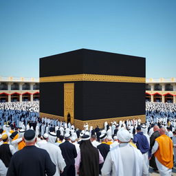 A detailed 3D rendering of the Kaaba, showcasing its black and gold tapestry, surrounded by pilgrims performing Tawaf