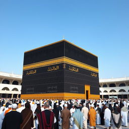 A detailed 3D rendering of the Kaaba, showcasing its black and gold tapestry, surrounded by pilgrims performing Tawaf