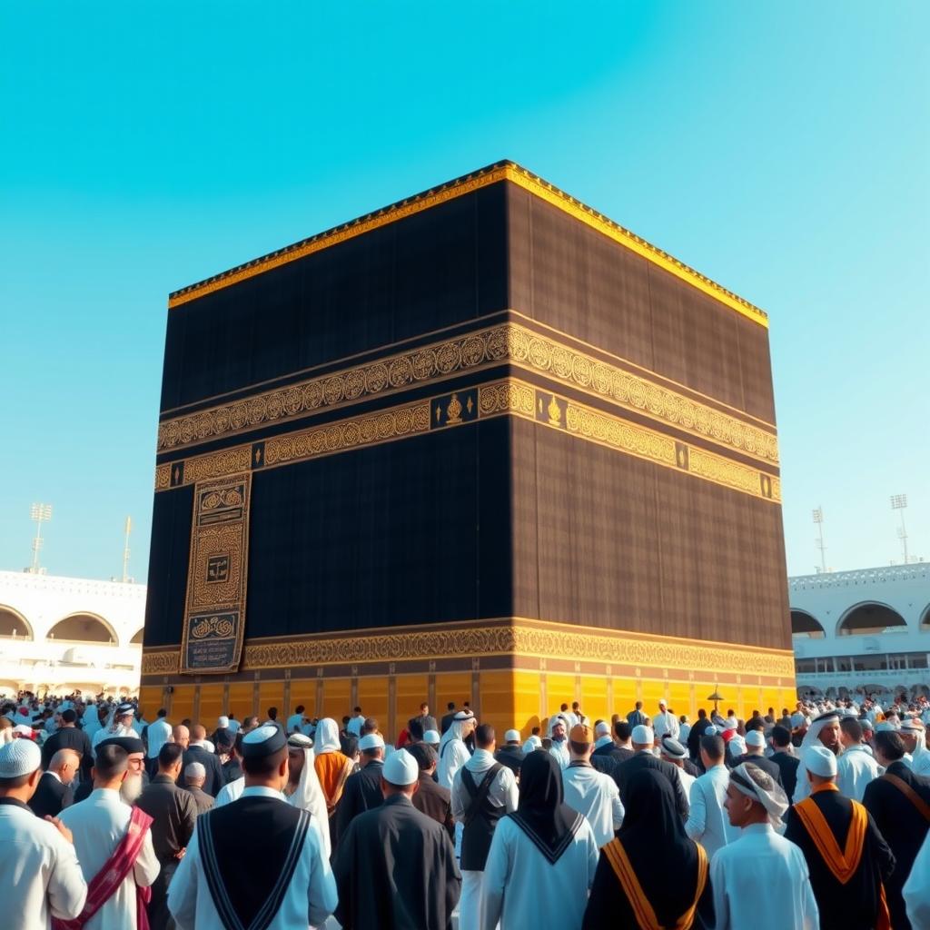A detailed 3D rendering of the Kaaba, showcasing its black and gold tapestry, surrounded by pilgrims performing Tawaf