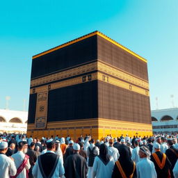 A detailed 3D rendering of the Kaaba, showcasing its black and gold tapestry, surrounded by pilgrims performing Tawaf