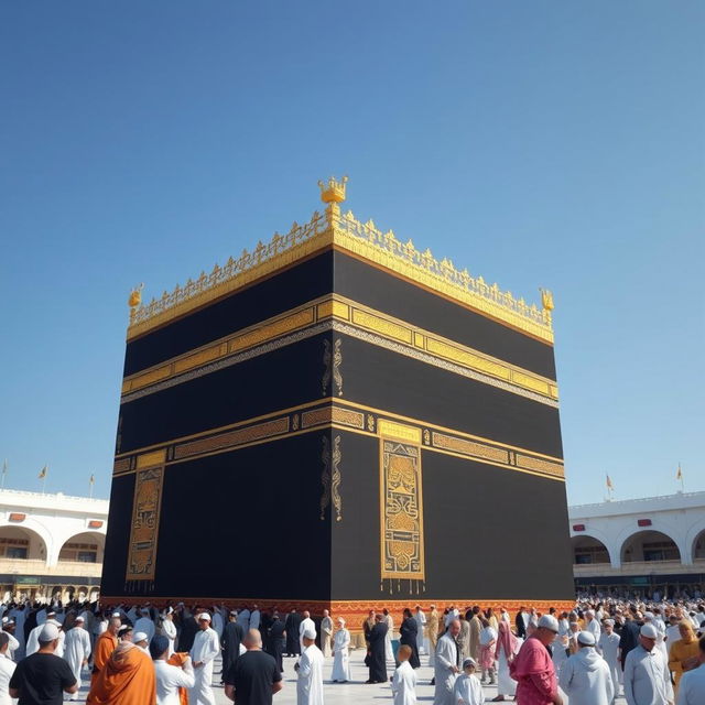 A detailed 3D rendering of the Kaaba, showcasing its black and gold tapestry, surrounded by pilgrims performing Tawaf
