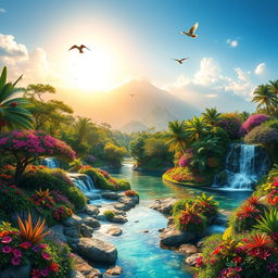 A breathtaking natural landscape representing paradise, featuring a harmonious blend of lush gardens, vibrant flowers, and crystal-clear rivers winding through the scene