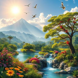 A breathtaking natural landscape representing paradise, featuring a harmonious blend of lush gardens, vibrant flowers, and crystal-clear rivers winding through the scene