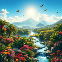 A breathtaking natural landscape representing paradise, featuring a harmonious blend of lush gardens, vibrant flowers, and crystal-clear rivers winding through the scene