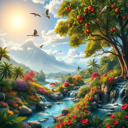 A breathtaking natural landscape representing paradise, featuring a harmonious blend of lush gardens, vibrant flowers, and crystal-clear rivers winding through the scene