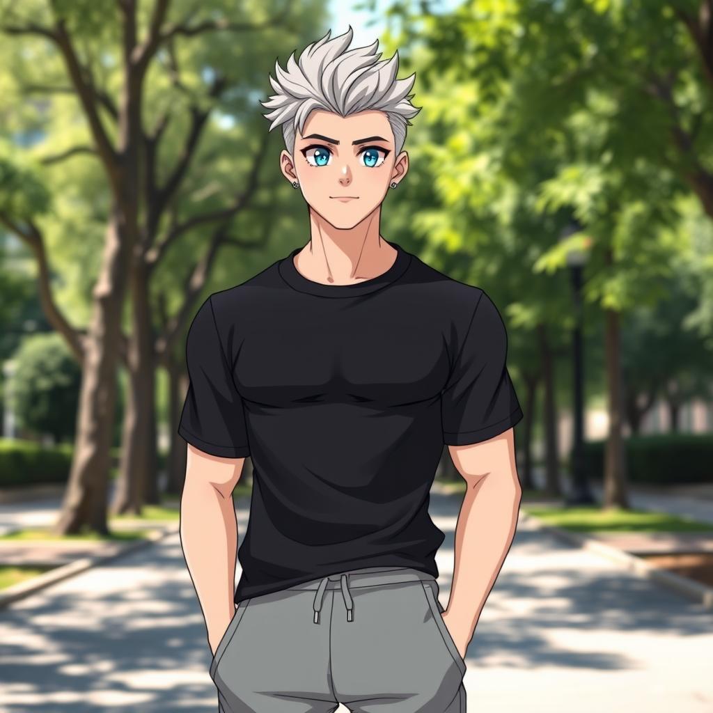 A full-length image of a 27-year-old American anime man, featuring striking blue eyes and stylish white-blond hair