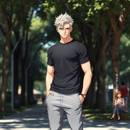A full-length image of a 27-year-old American anime man, featuring striking blue eyes and stylish white-blond hair