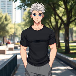 A full-length image of a 27-year-old American anime man, featuring striking blue eyes and stylish white-blond hair