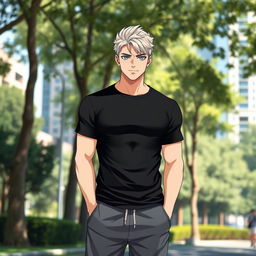 A full-length image of a 27-year-old American anime man, featuring striking blue eyes and stylish white-blond hair