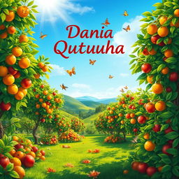 A vibrant and idyllic scene illustrating the phrase 'Dania Qutufuha', which means 'its fruits are near'