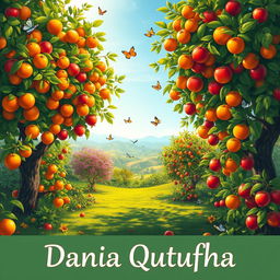 A vibrant and idyllic scene illustrating the phrase 'Dania Qutufuha', which means 'its fruits are near'