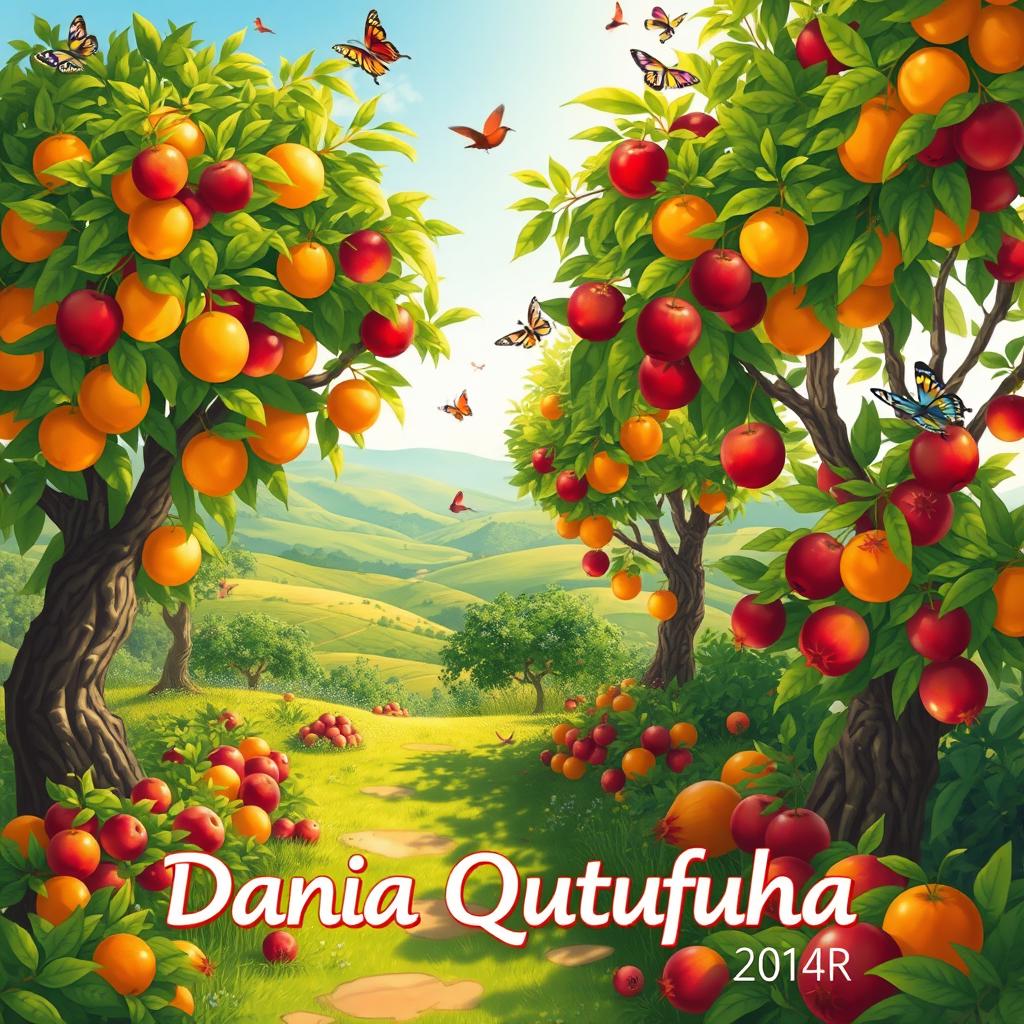 A vibrant and idyllic scene illustrating the phrase 'Dania Qutufuha', which means 'its fruits are near'