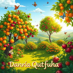 A vibrant and idyllic scene illustrating the phrase 'Dania Qutufuha', which means 'its fruits are near'
