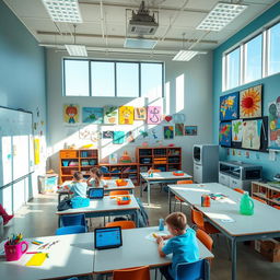 A vibrant classroom filled with modern educational technologies, colorful art supplies, and engaging artwork on the walls