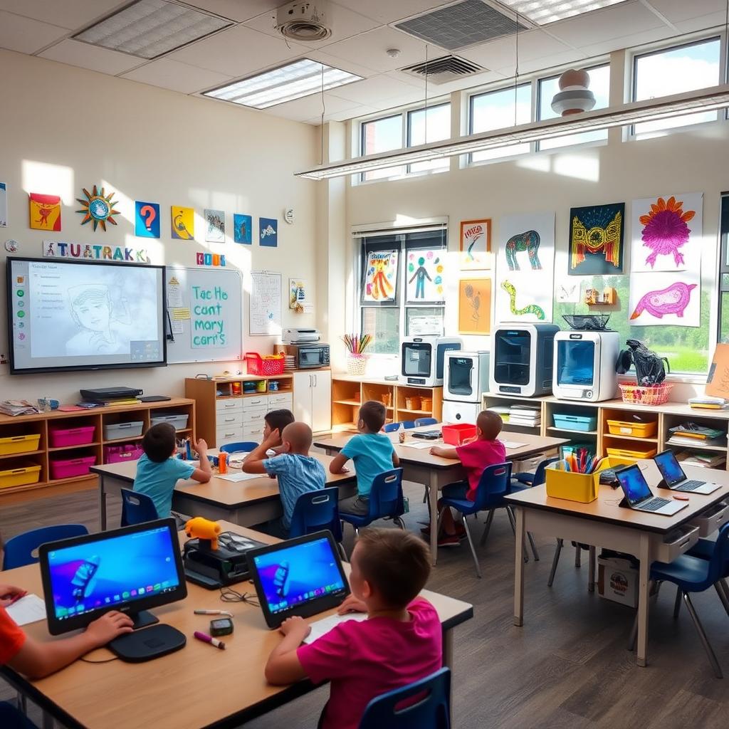 A vibrant classroom filled with modern educational technologies, colorful art supplies, and engaging artwork on the walls