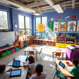 A vibrant classroom filled with modern educational technologies, colorful art supplies, and engaging artwork on the walls