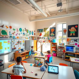 A vibrant classroom filled with modern educational technologies, colorful art supplies, and engaging artwork on the walls
