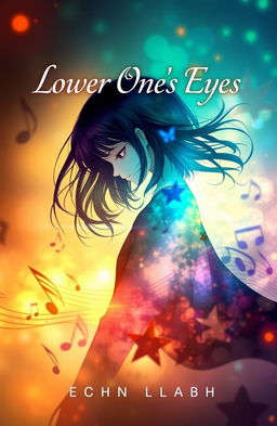 A powerful and evocative book cover design for 'Lower One's Eyes', inspired by the emotional themes of a vocaloid song