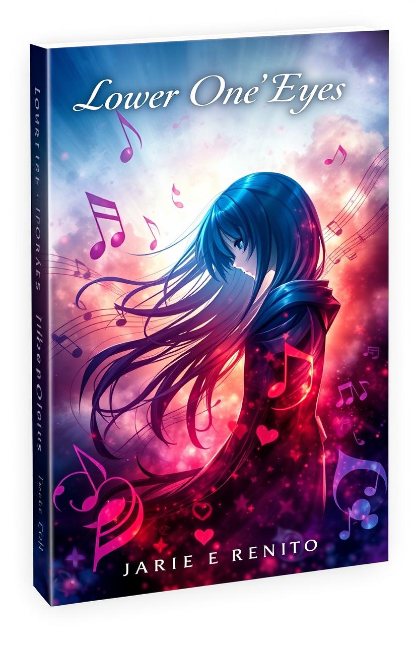 A powerful and evocative book cover design for 'Lower One's Eyes', inspired by the emotional themes of a vocaloid song