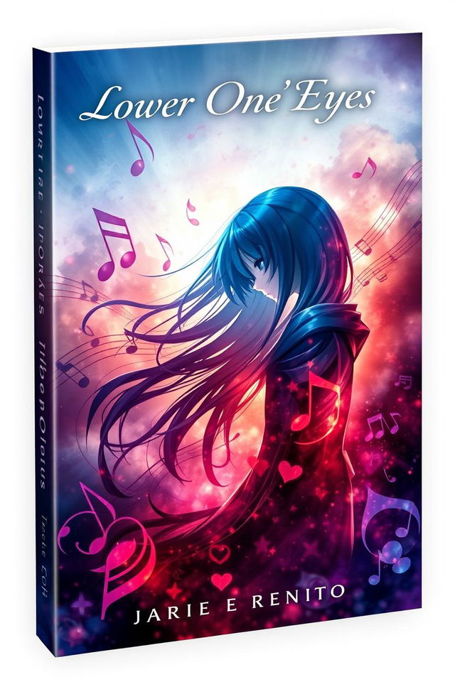 A powerful and evocative book cover design for 'Lower One's Eyes', inspired by the emotional themes of a vocaloid song