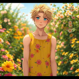 A full-length image of a 25-year-old European anime man, featuring captivating blue eyes and tousled dirty blond hair