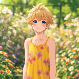 A full-length image of a 25-year-old European anime man, featuring captivating blue eyes and tousled dirty blond hair