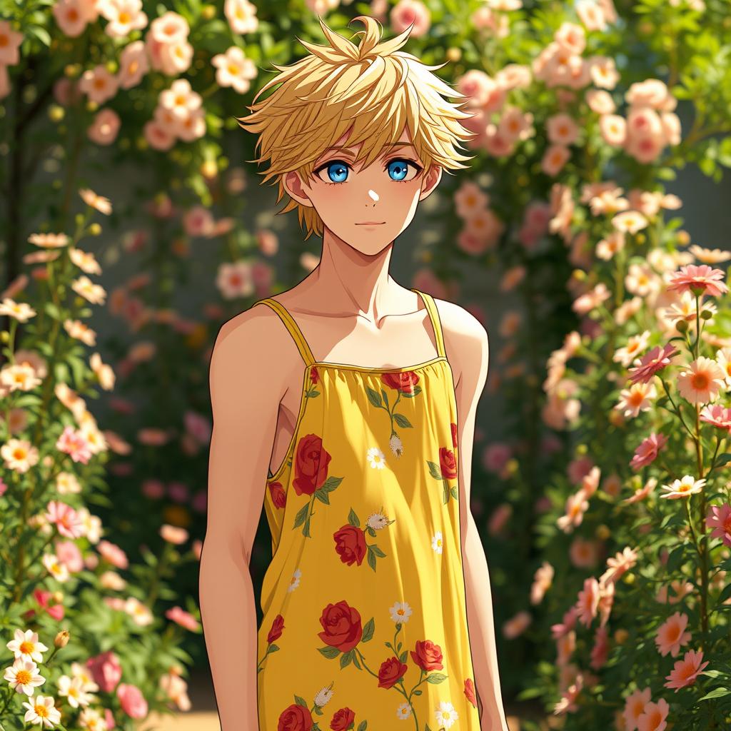 A full-length image of a 25-year-old European anime man, featuring captivating blue eyes and tousled dirty blond hair
