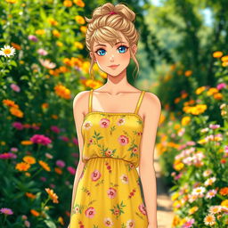 A full-length image of a 25-year-old European anime woman, featuring striking blue eyes and dirty blond hair styled in a casual messy bun