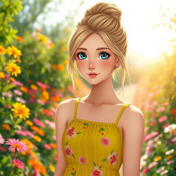 A full-length image of a 25-year-old European anime woman, featuring striking blue eyes and dirty blond hair styled in a casual messy bun