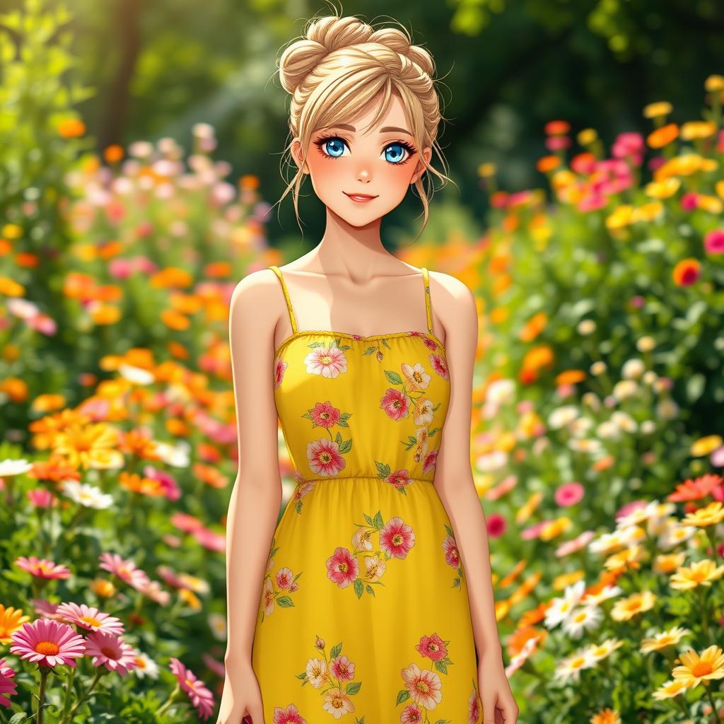 A full-length image of a 25-year-old European anime woman, featuring striking blue eyes and dirty blond hair styled in a casual messy bun