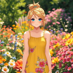 A full-length image of a 25-year-old European anime woman, featuring striking blue eyes and dirty blond hair styled in a casual messy bun
