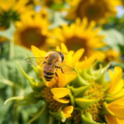 A close-up view of a honey bee perched on a bright yellow sunflower, its delicate wings glistening in the sunlight