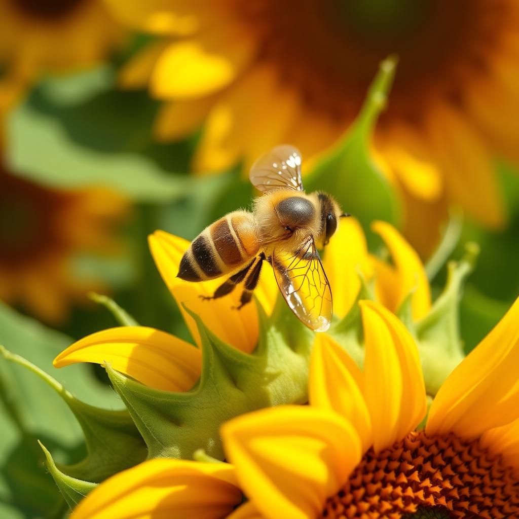 A close-up view of a honey bee perched on a bright yellow sunflower, its delicate wings glistening in the sunlight