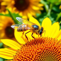 A close-up view of a honey bee perched on a bright yellow sunflower, its delicate wings glistening in the sunlight
