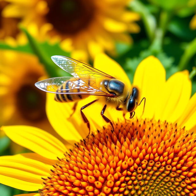 A close-up view of a honey bee perched on a bright yellow sunflower, its delicate wings glistening in the sunlight