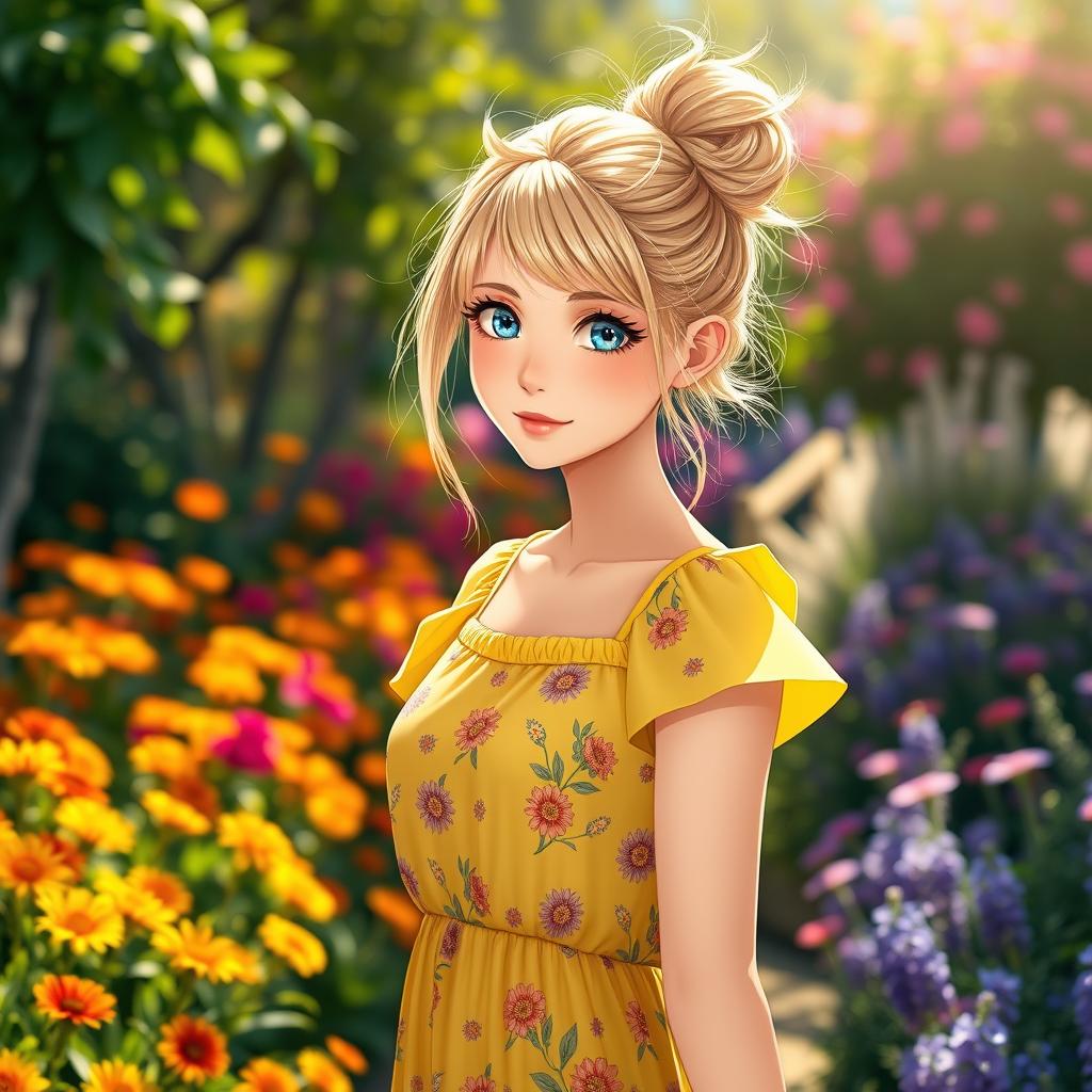 A full-length image of a 25-year-old European anime woman, showcasing her beautiful blue eyes and dirty blond hair styled in a playful messy bun