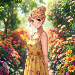 A full-length image of a 25-year-old European anime woman, showcasing her beautiful blue eyes and dirty blond hair styled in a playful messy bun
