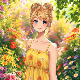 A full-length image of a 25-year-old European anime woman, showcasing her beautiful blue eyes and dirty blond hair styled in a playful messy bun