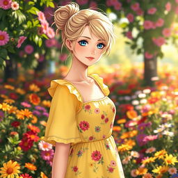 A full-length image of a 25-year-old European anime woman, showcasing her beautiful blue eyes and dirty blond hair styled in a playful messy bun