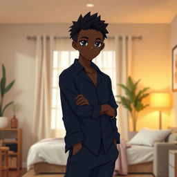 A full-length image of a 30-year-old African anime man, featuring striking black eyes and short black hair