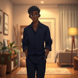 A full-length image of a 30-year-old African anime man, featuring striking black eyes and short black hair