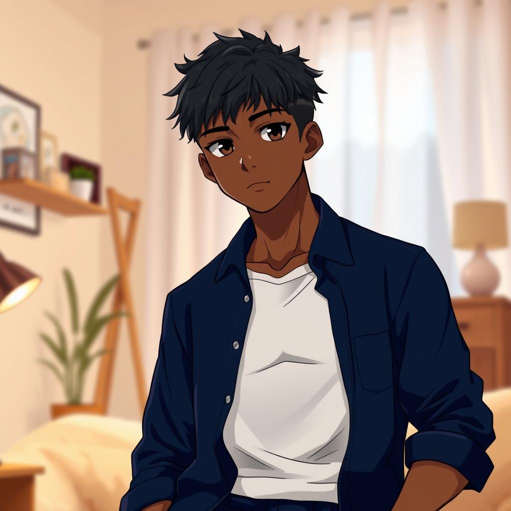 A full-length image of a 30-year-old African anime man, featuring striking black eyes and short black hair