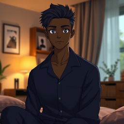 A full-length image of a 30-year-old African anime man, featuring striking black eyes and short black hair