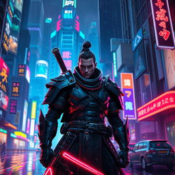A cyberpunk ronin standing in a vibrant, neon-lit cityscape at night, with futuristic buildings towering in the background